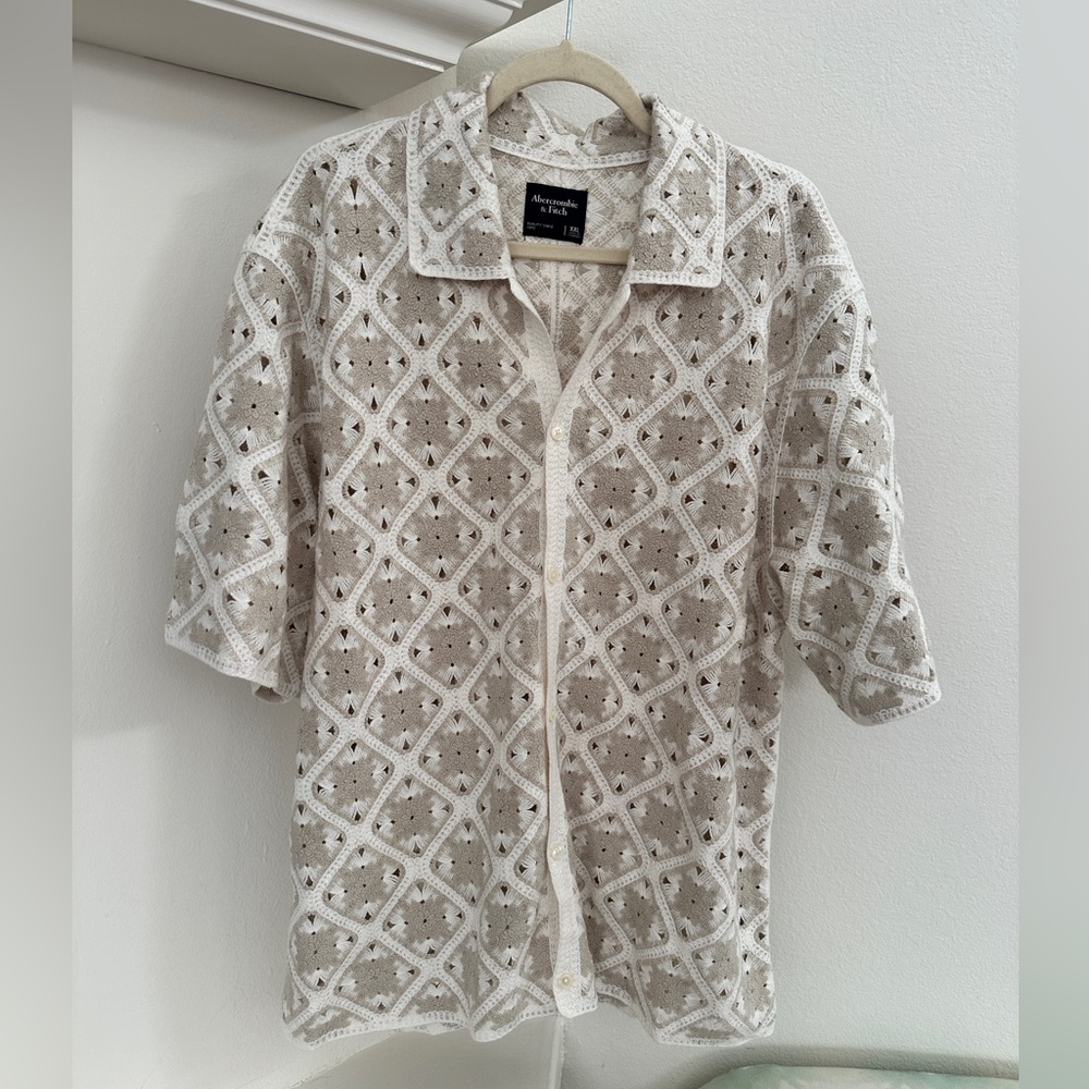 Abercrombie & Fitch Crochet Short-Sleeve Knit Oversize Button-Down Shirt